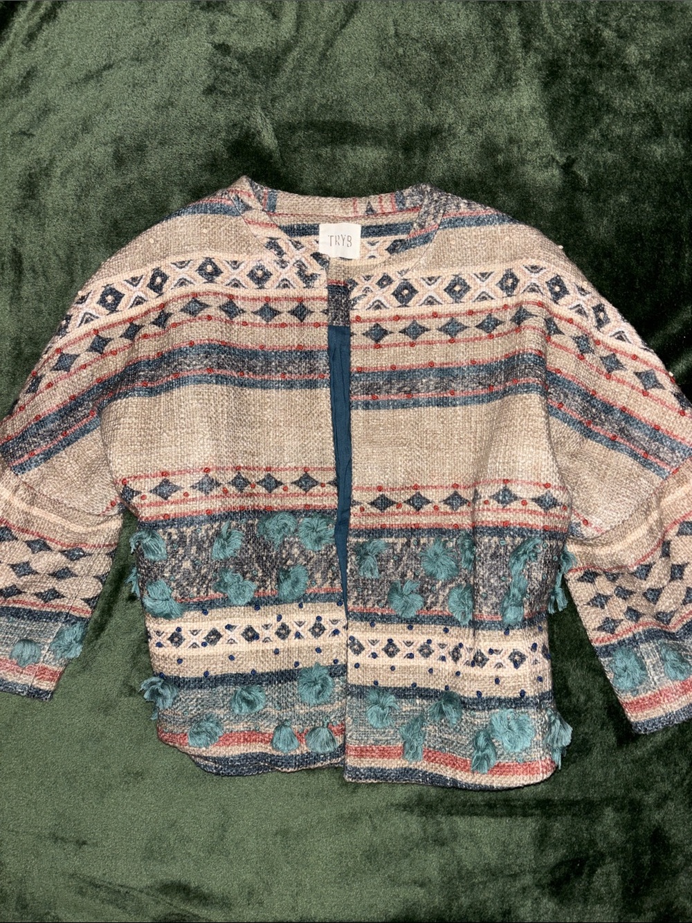 TRYB Textured Boho Jacket in Neutral, Teal & Navy